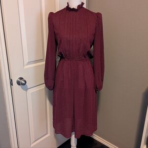 Vintage 70s Elegant Burgundy Long-Sleeve Polks Dot Dress